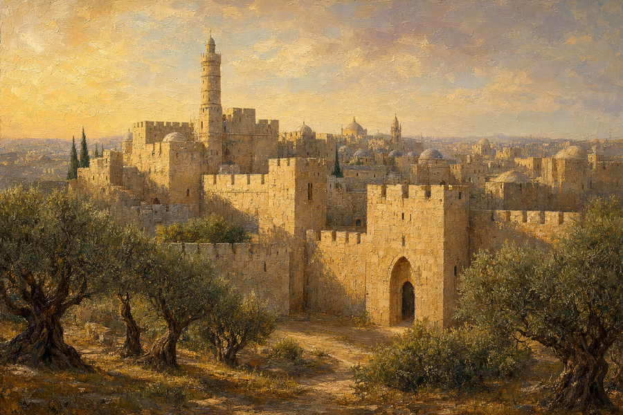 חומות ירושלים העתיקה ומגדל דוד (ריאליסטי - ציור שמן)