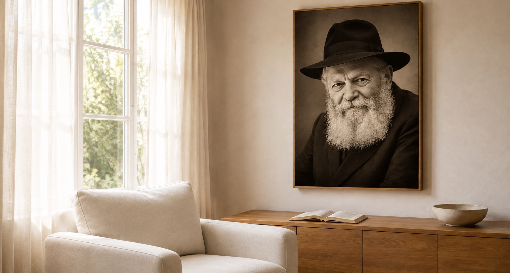 דיוקן הרבי מלובביץ׳ במסגרת על קיר הבית