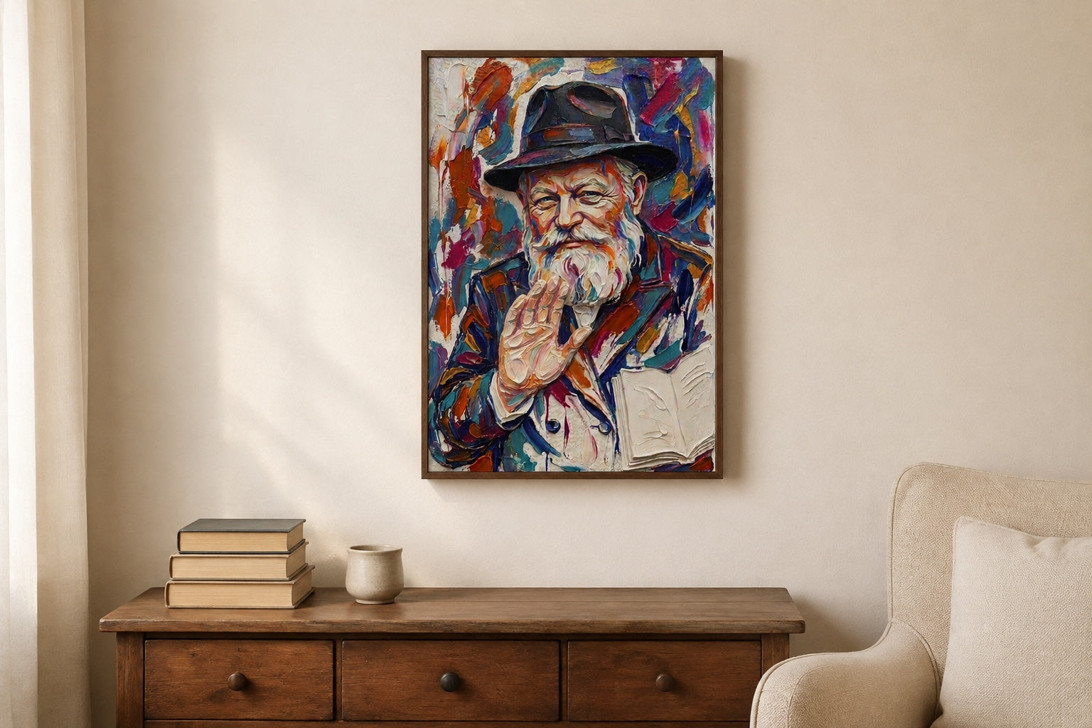 Interior visualization of a colourful Lubavitcher Rebbe portrait in a walnut frame in a reading corner